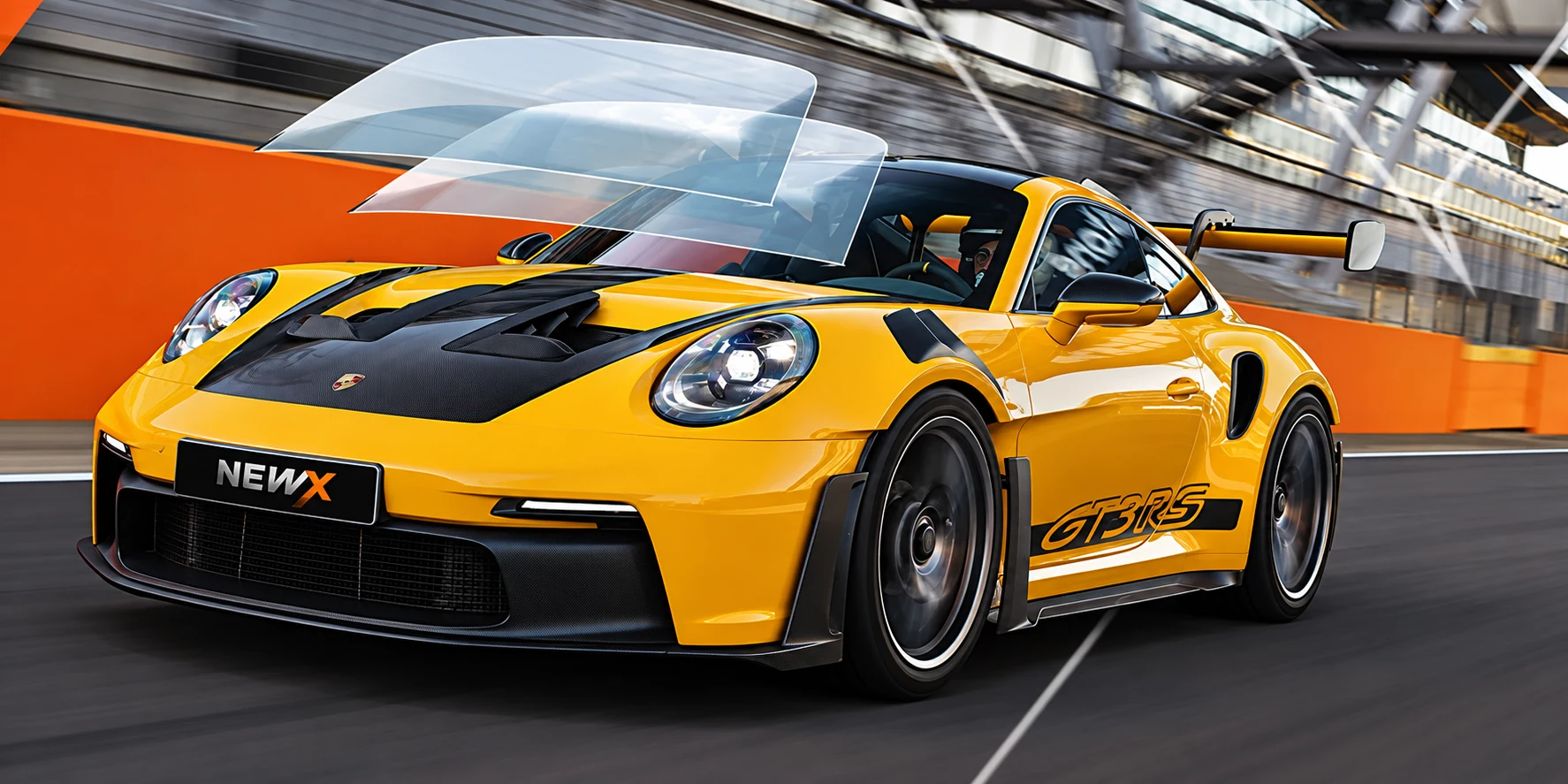 Imagem ilustrativa de um Porsche amarelo com camadas transparentes de proteção sobre o para-brisa.