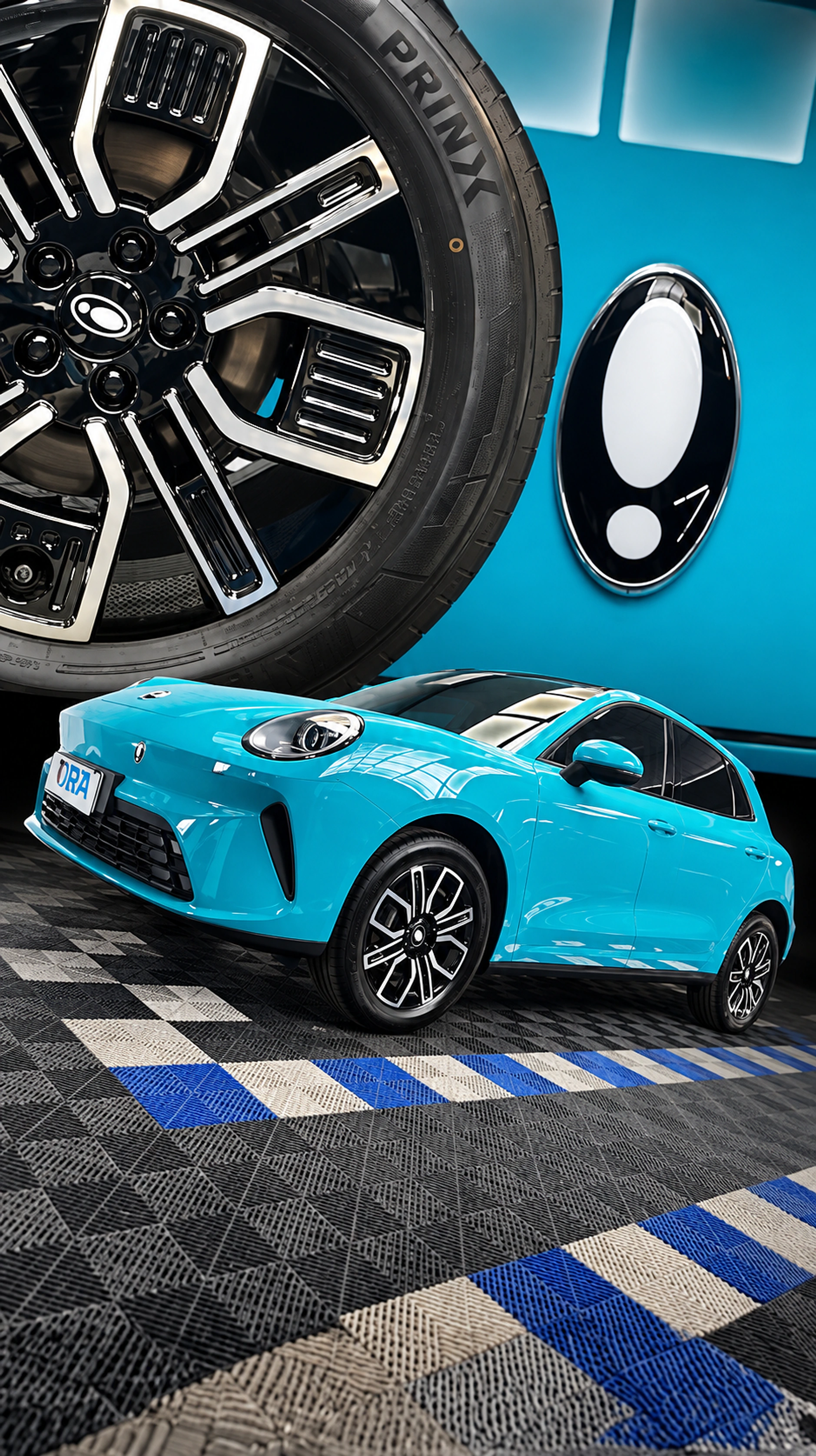 GWM Ora 5 azul turquesa com detalhes da roda e da carroceria.