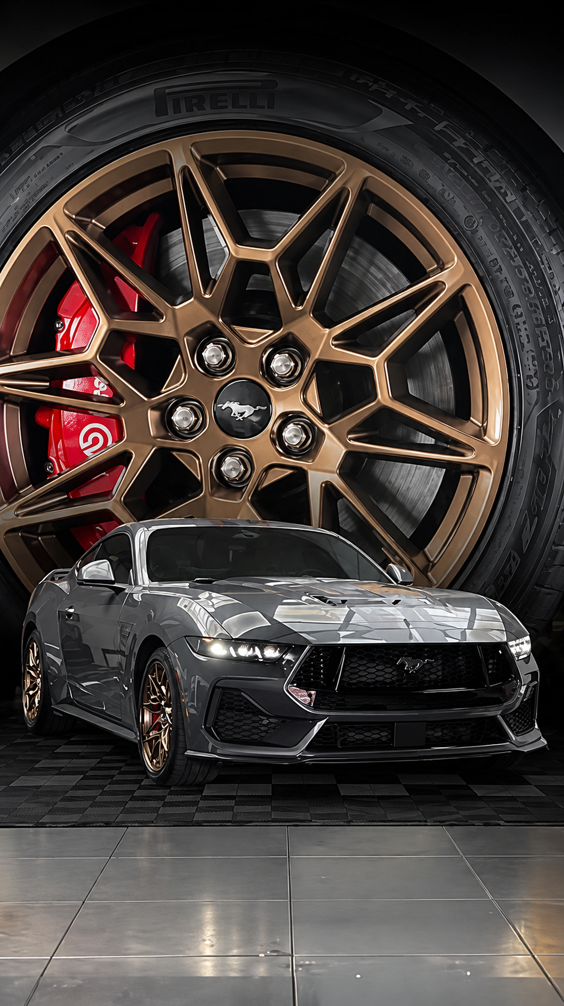 Ford Mustang grafite com rodas bronze e detalhe da roda em uma composição do projeto.